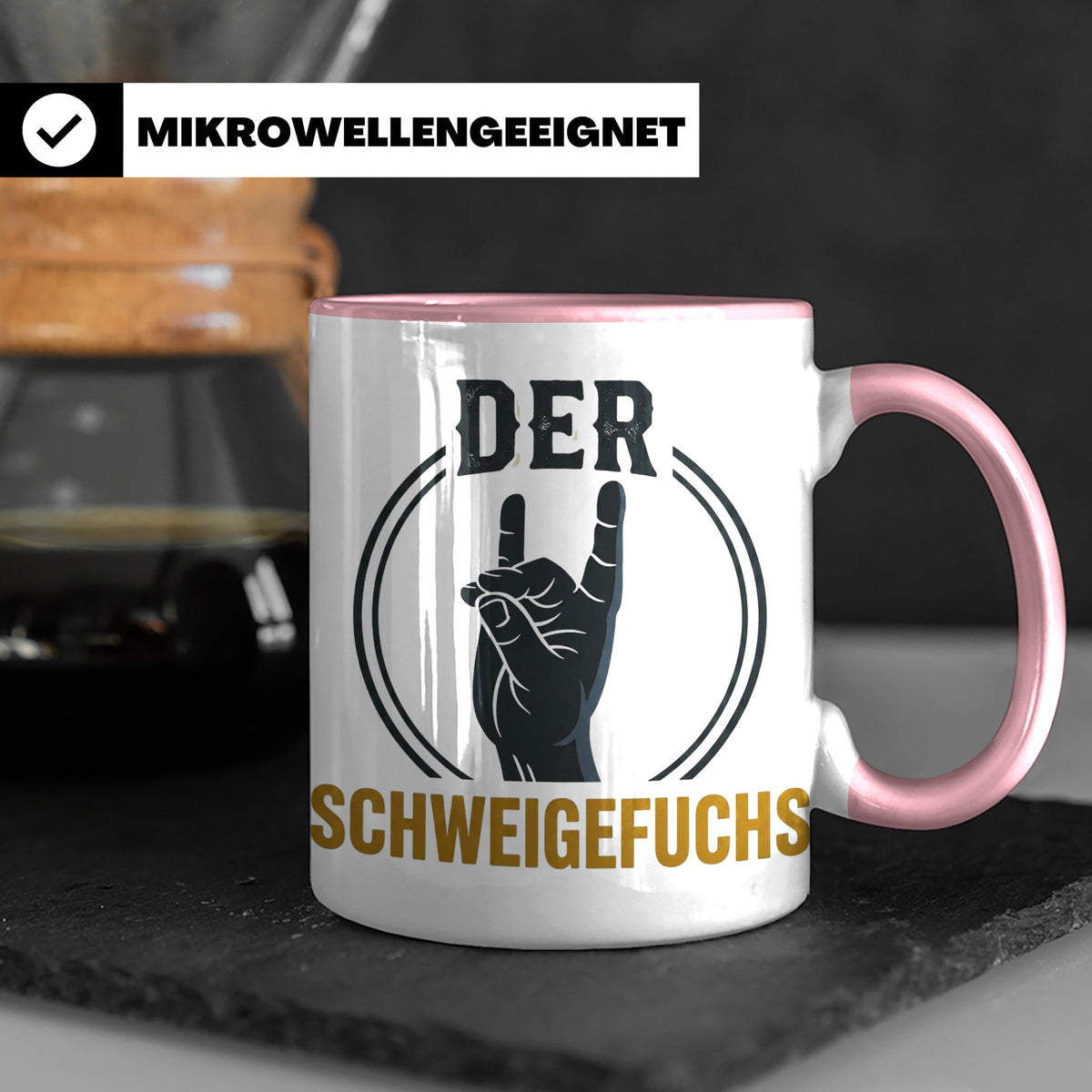 Schweigefuchs Tasse für Lehrer & Erzieher mit Rock Hand Gest – Rosa [farbe:rosa]