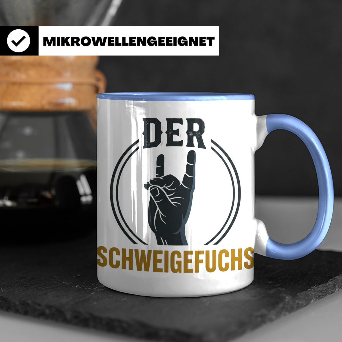 Schweigefuchs Tasse für Lehrer & Erzieher mit Rock Hand Gest – Blau [farbe:blau]