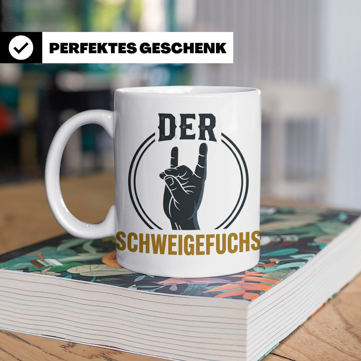 Schweigefuchs Tasse für Lehrer & Erzieher mit Rock Hand Gest – Weiß [farbe:weiß]