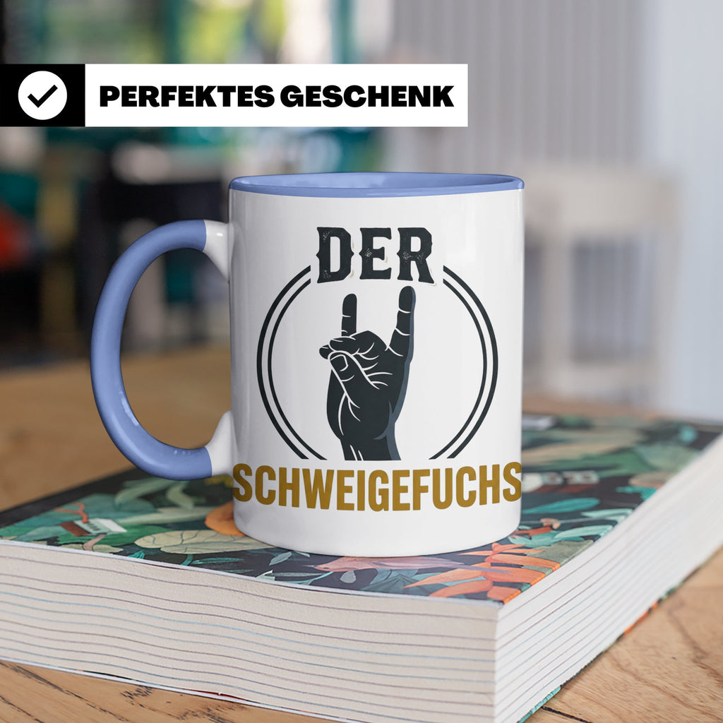 Schweigefuchs Tasse für Lehrer & Erzieher mit Rock Hand Gest – Blau [farbe:blau]