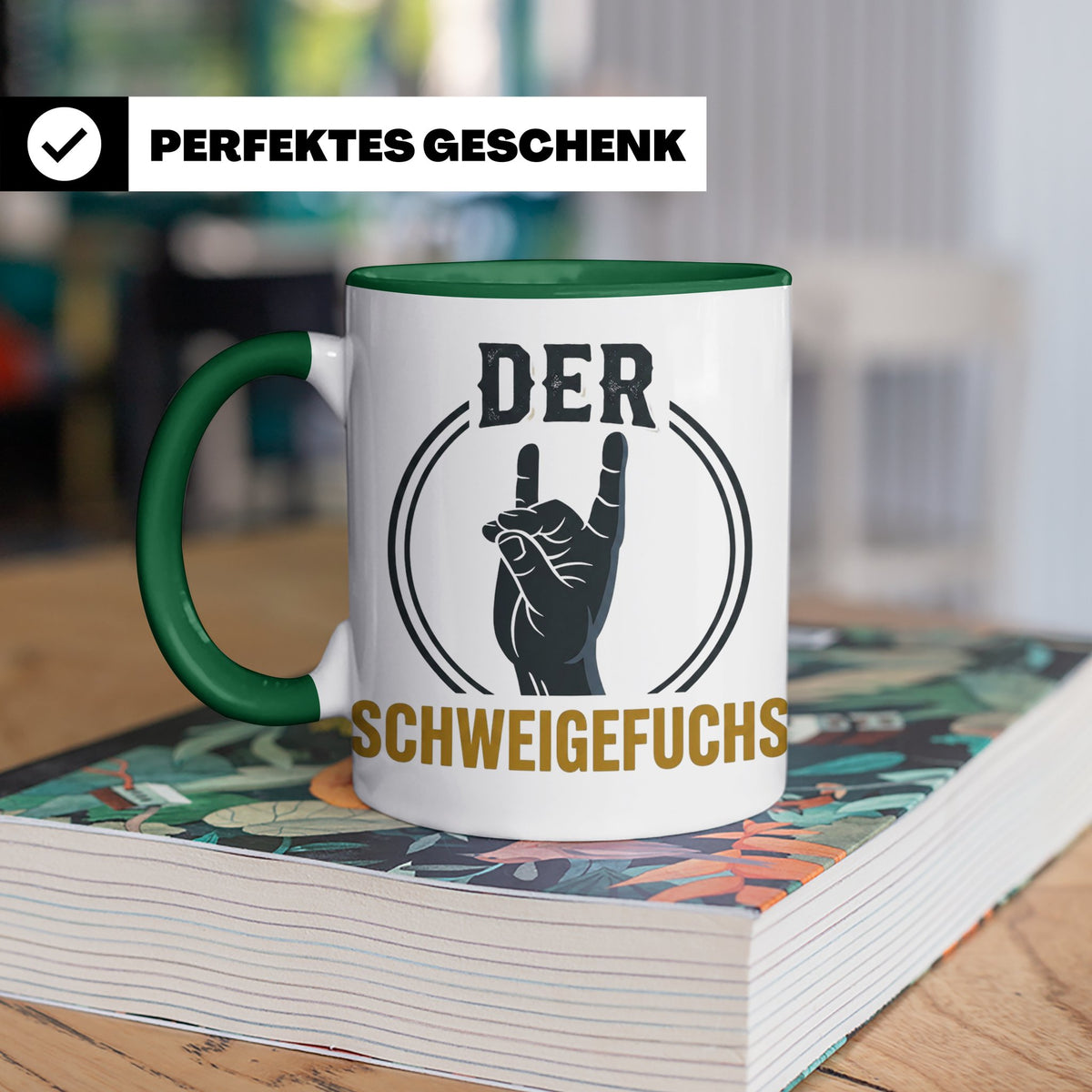 Schweigefuchs Tasse für Lehrer & Erzieher mit Rock Hand Gest – Grün [farbe:grün]