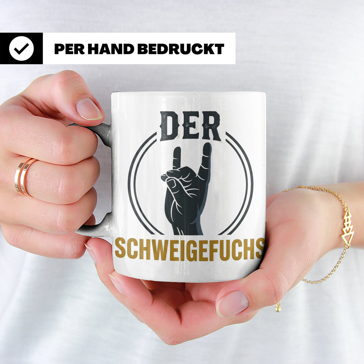 Schweigefuchs Tasse für Lehrer & Erzieher mit Rock Hand Gest – Weiß [farbe:weiß]