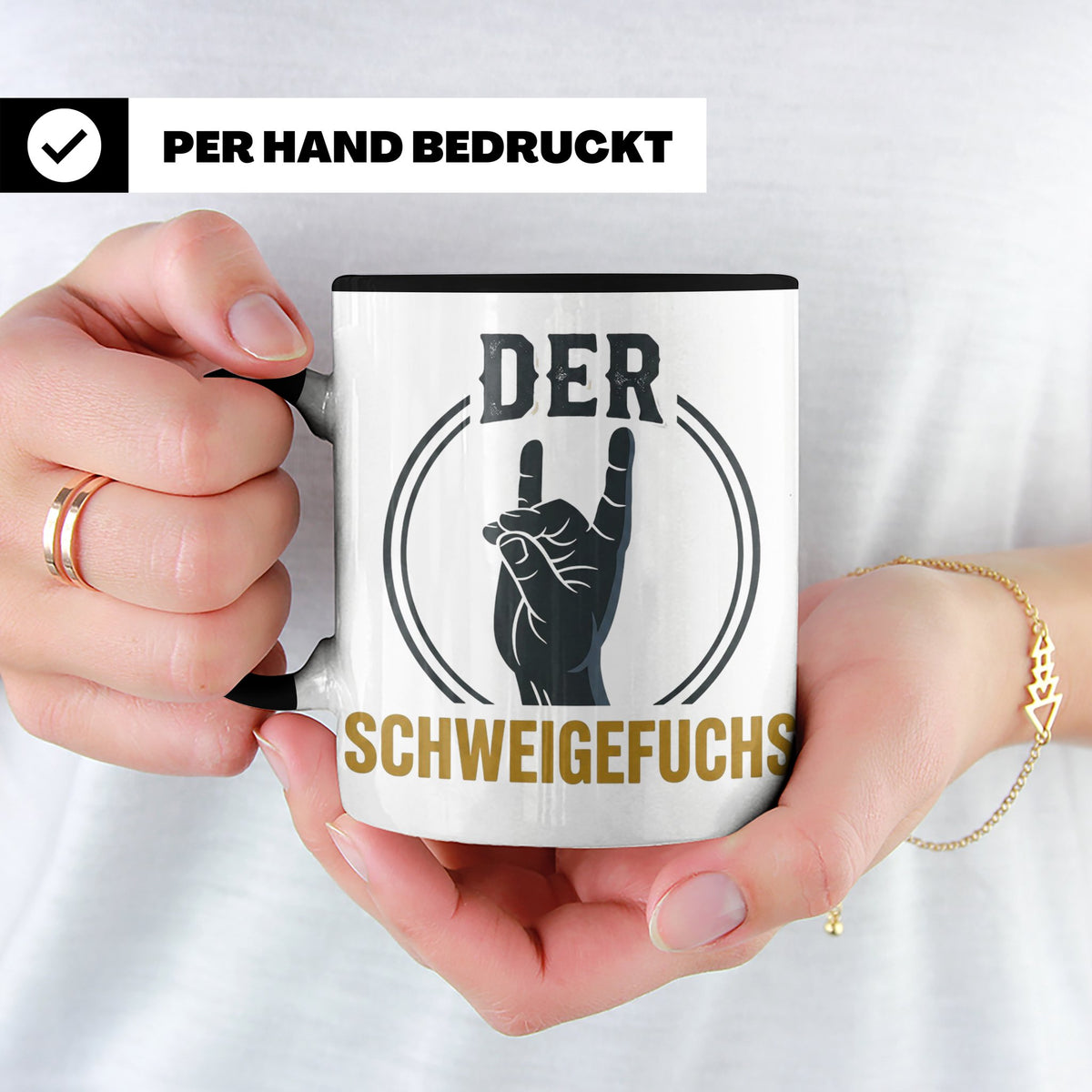 Schweigefuchs Tasse für Lehrer & Erzieher mit Rock Hand Gest – Schwarz [farbe:schwarz]