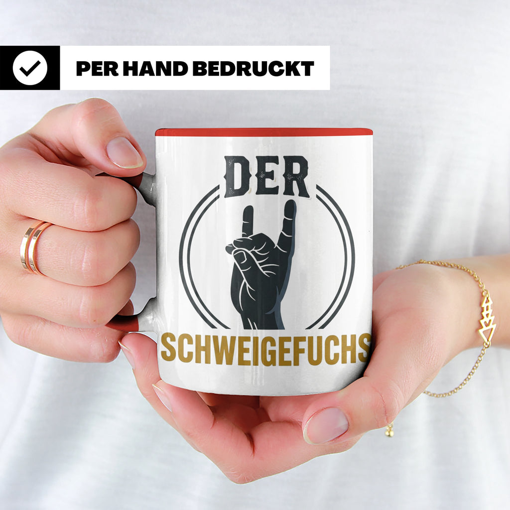 Schweigefuchs Tasse für Lehrer & Erzieher mit Rock Hand Gest – Rot [farbe:rot]