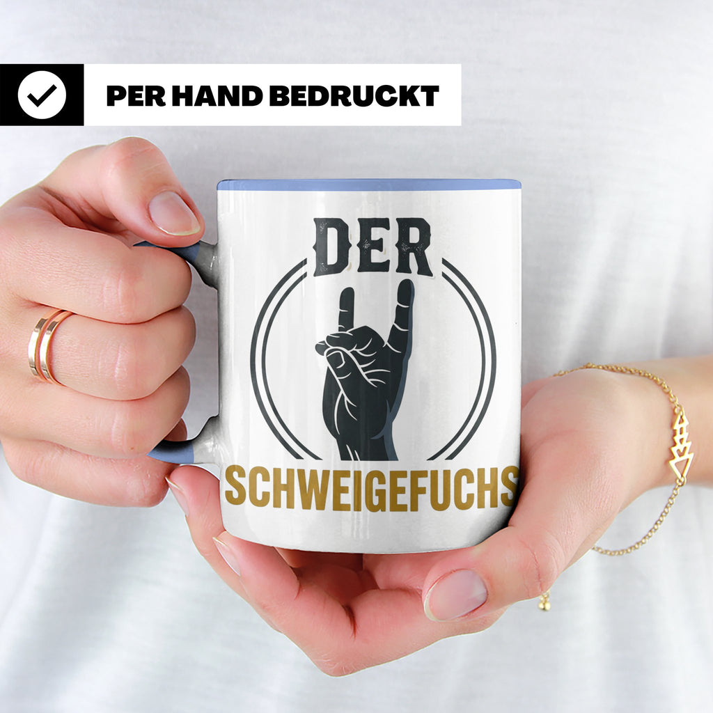 Schweigefuchs Tasse für Lehrer & Erzieher mit Rock Hand Gest – Blau [farbe:blau]