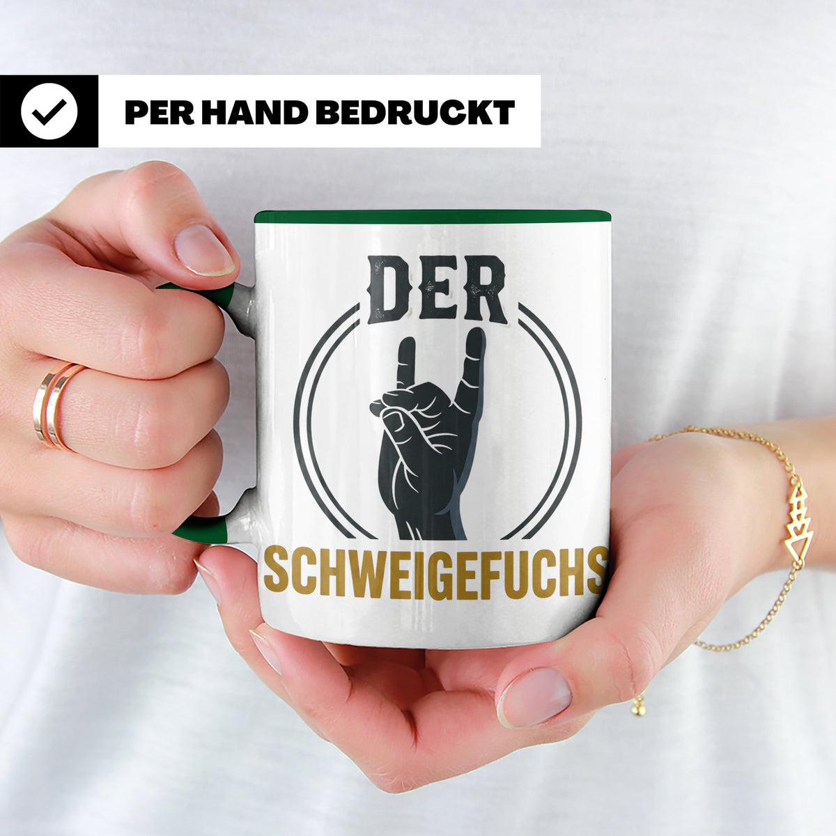 Schweigefuchs Tasse für Lehrer & Erzieher mit Rock Hand Gest – Grün [farbe:grün]