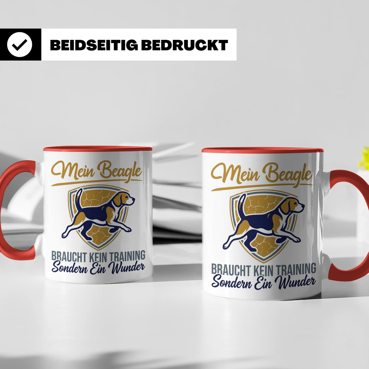 Beagle Tasse mit Spruch braucht kein Training sondern ein Wu – Rot [farbe:rot]