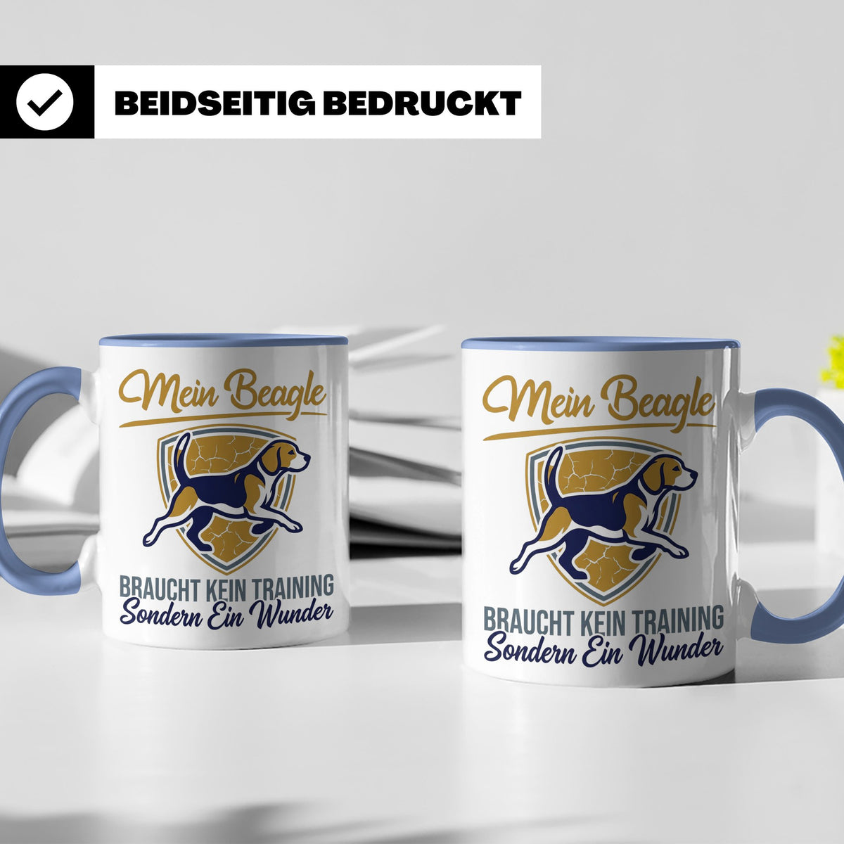 Beagle Tasse mit Spruch braucht kein Training sondern ein Wu – Blau [farbe:blau]