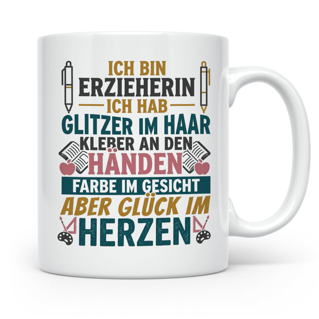 Erzieherin Tasse mit Spruch Glück im Herzen. Geschenk für Ki – Weiß [farbe:weiß]