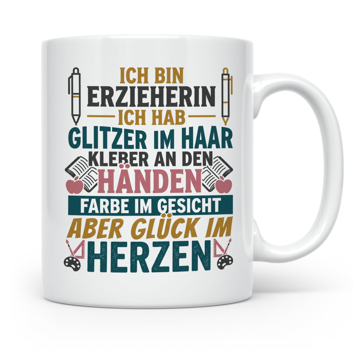 Erzieherin Tasse mit Spruch Glück im Herzen. Geschenk für Ki – Weiß [farbe:weiß]