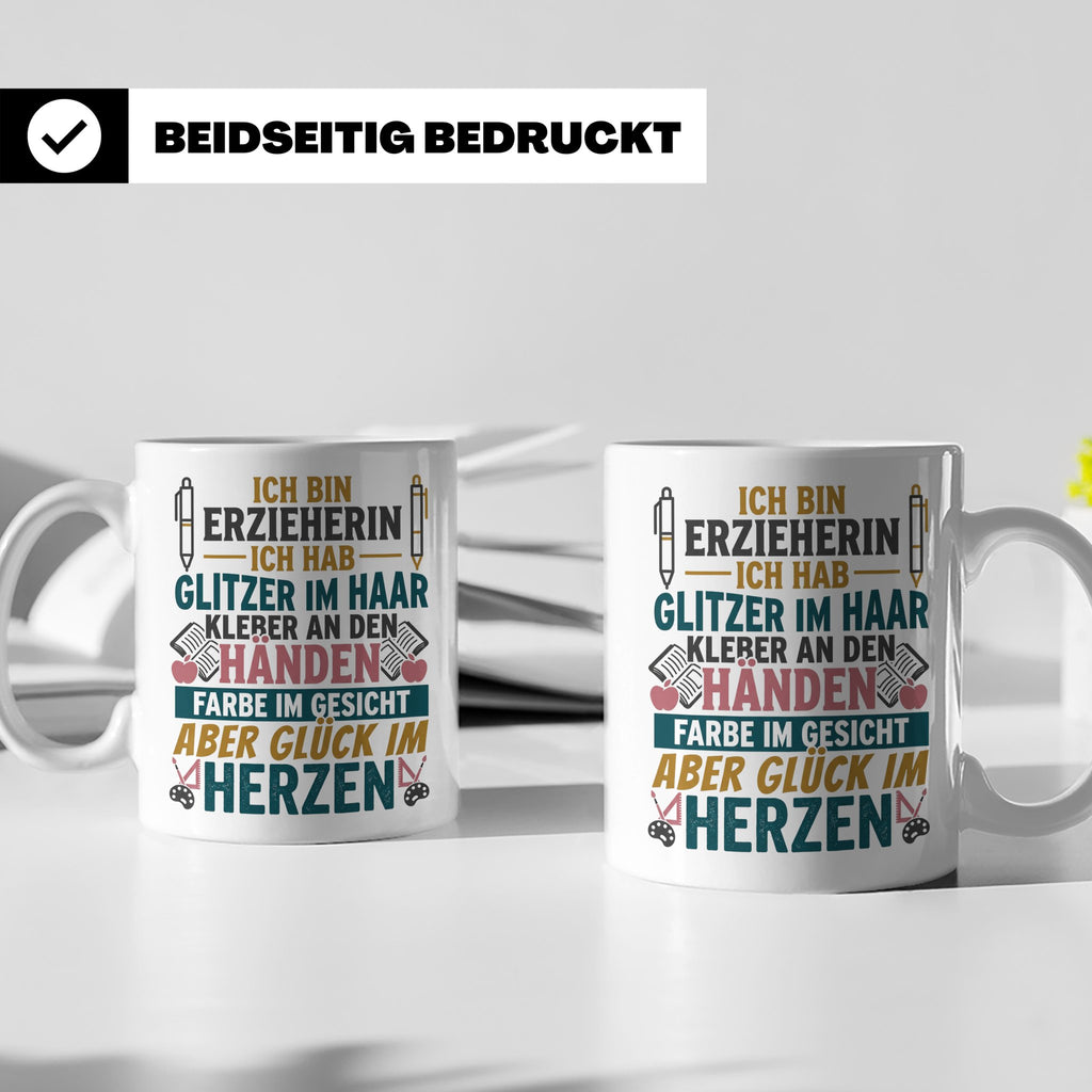 Erzieherin Tasse mit Spruch Glück im Herzen. Geschenk für Ki – Weiß [farbe:weiß]