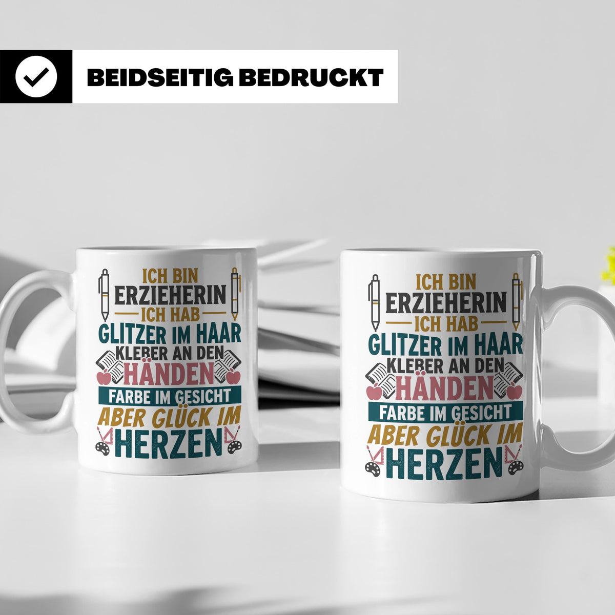 Erzieherin Tasse mit Spruch Glück im Herzen. Geschenk für Ki – Weiß [farbe:weiß]