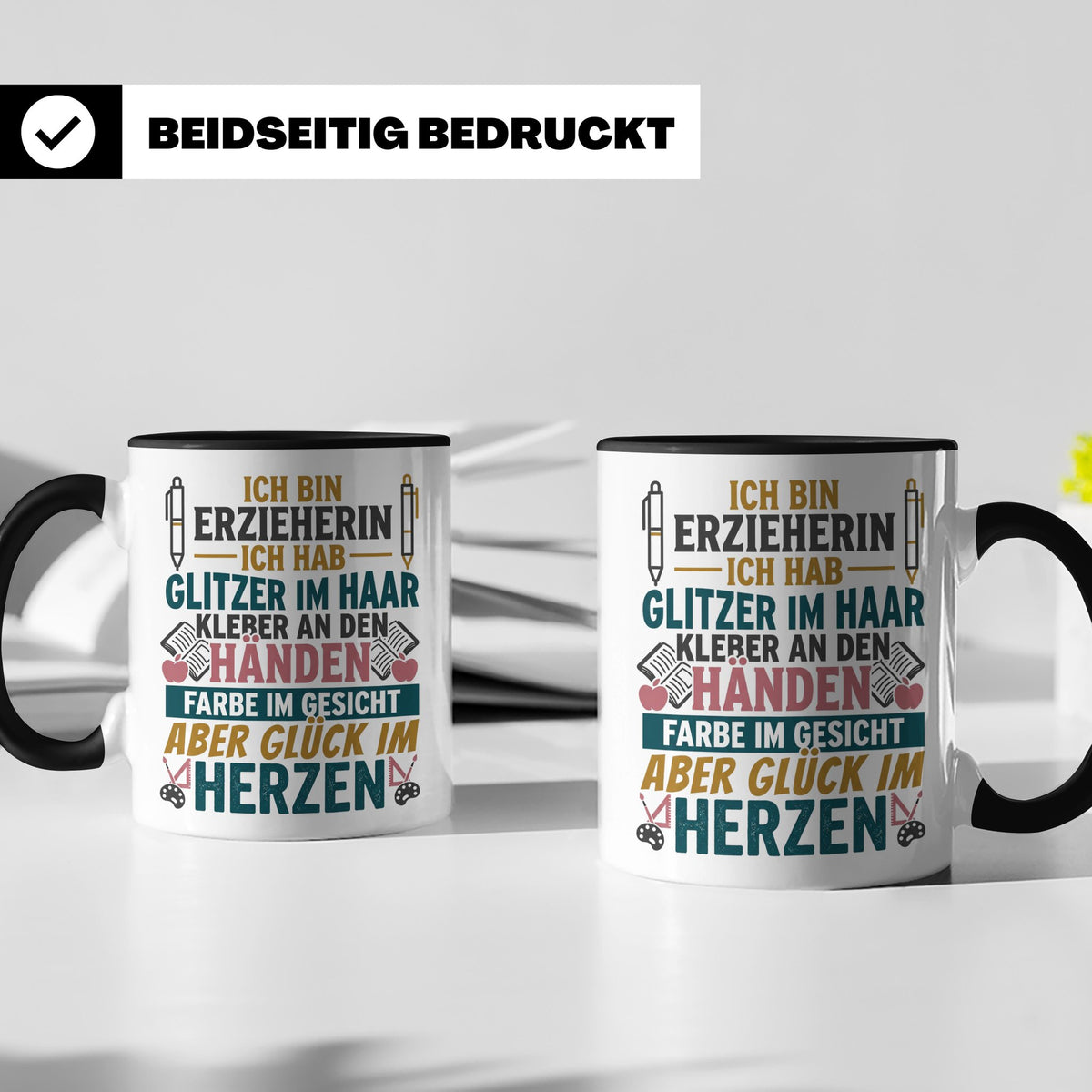 Erzieherin Tasse mit Spruch Glück im Herzen. Geschenk für Ki – Schwarz [farbe:schwarz]