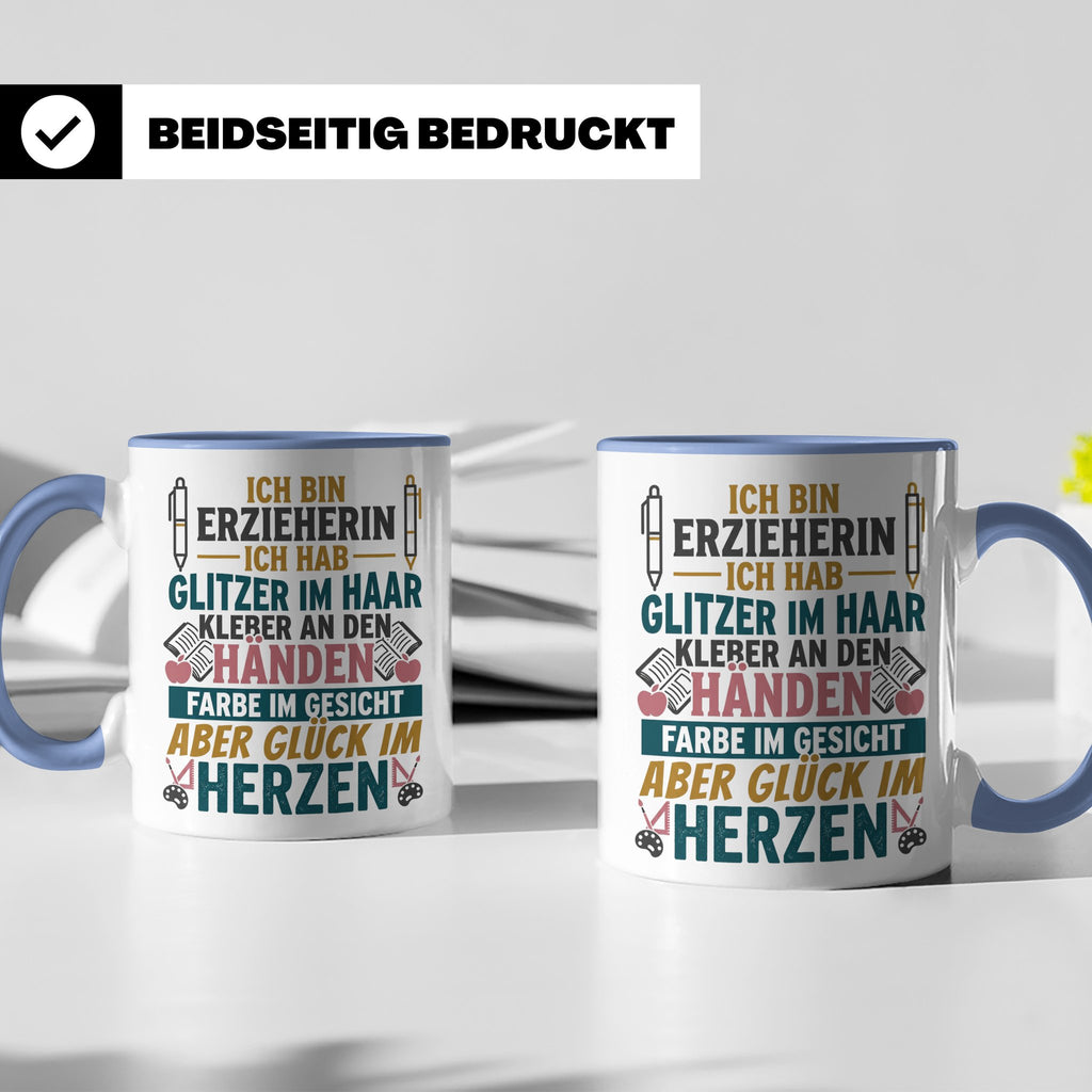 Erzieherin Tasse mit Spruch Glück im Herzen. Geschenk für Ki – Blau [farbe:blau]