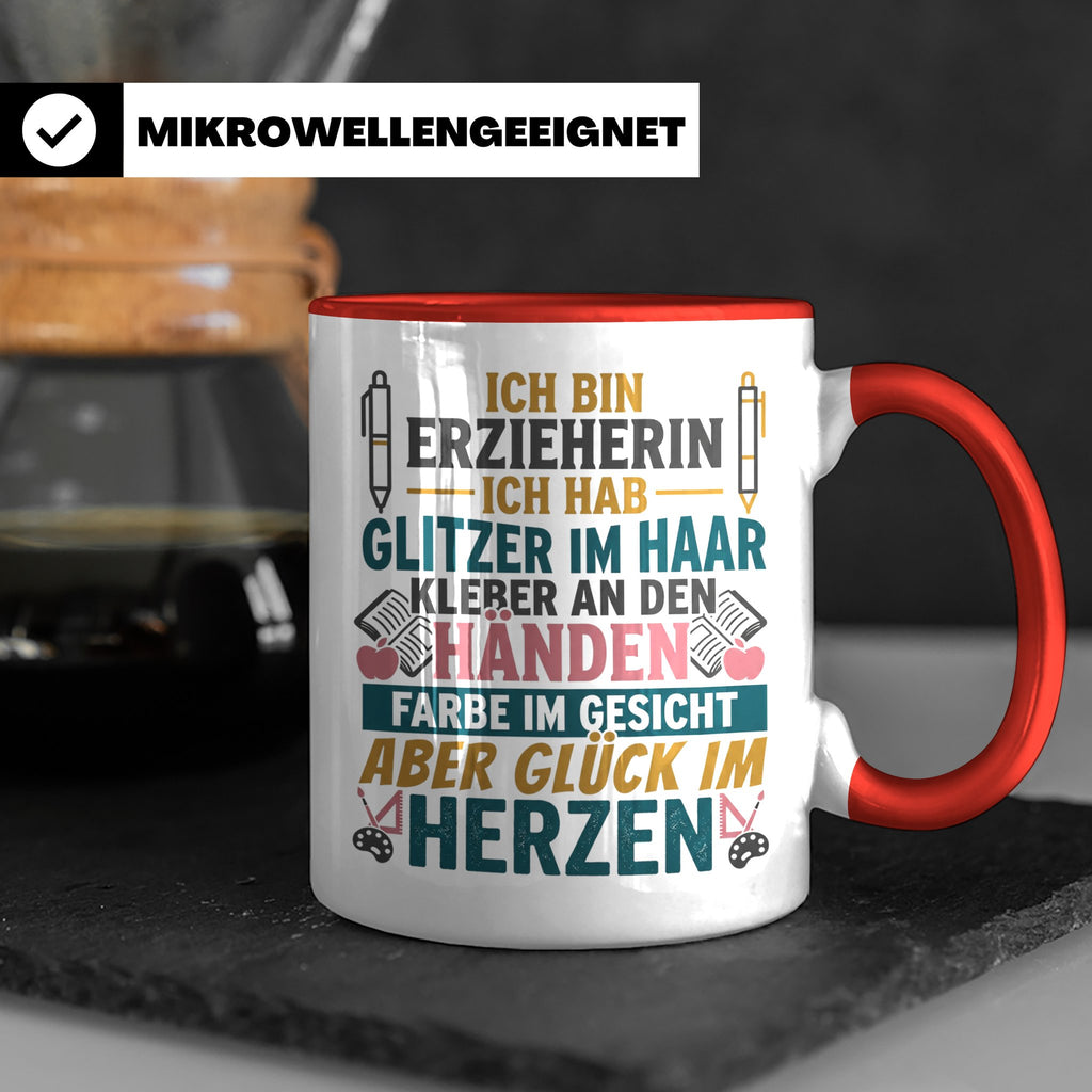 Erzieherin Tasse mit Spruch Glück im Herzen. Geschenk für Ki – Rot [farbe:rot]