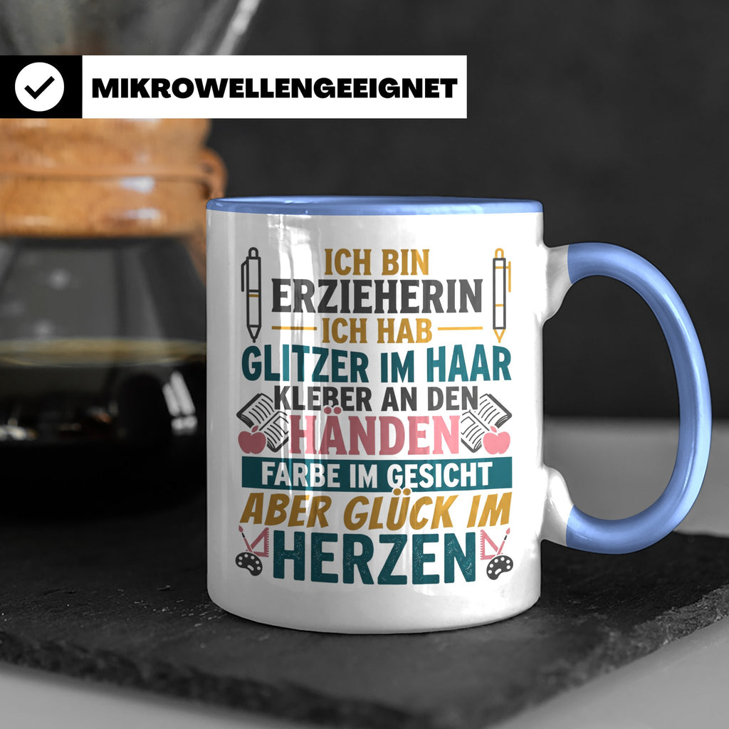 Erzieherin Tasse mit Spruch Glück im Herzen. Geschenk für Ki – Blau [farbe:blau]