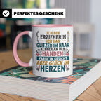 Erzieherin Tasse mit Spruch Glück im Herzen. Geschenk für Ki – Rosa [farbe:rosa]