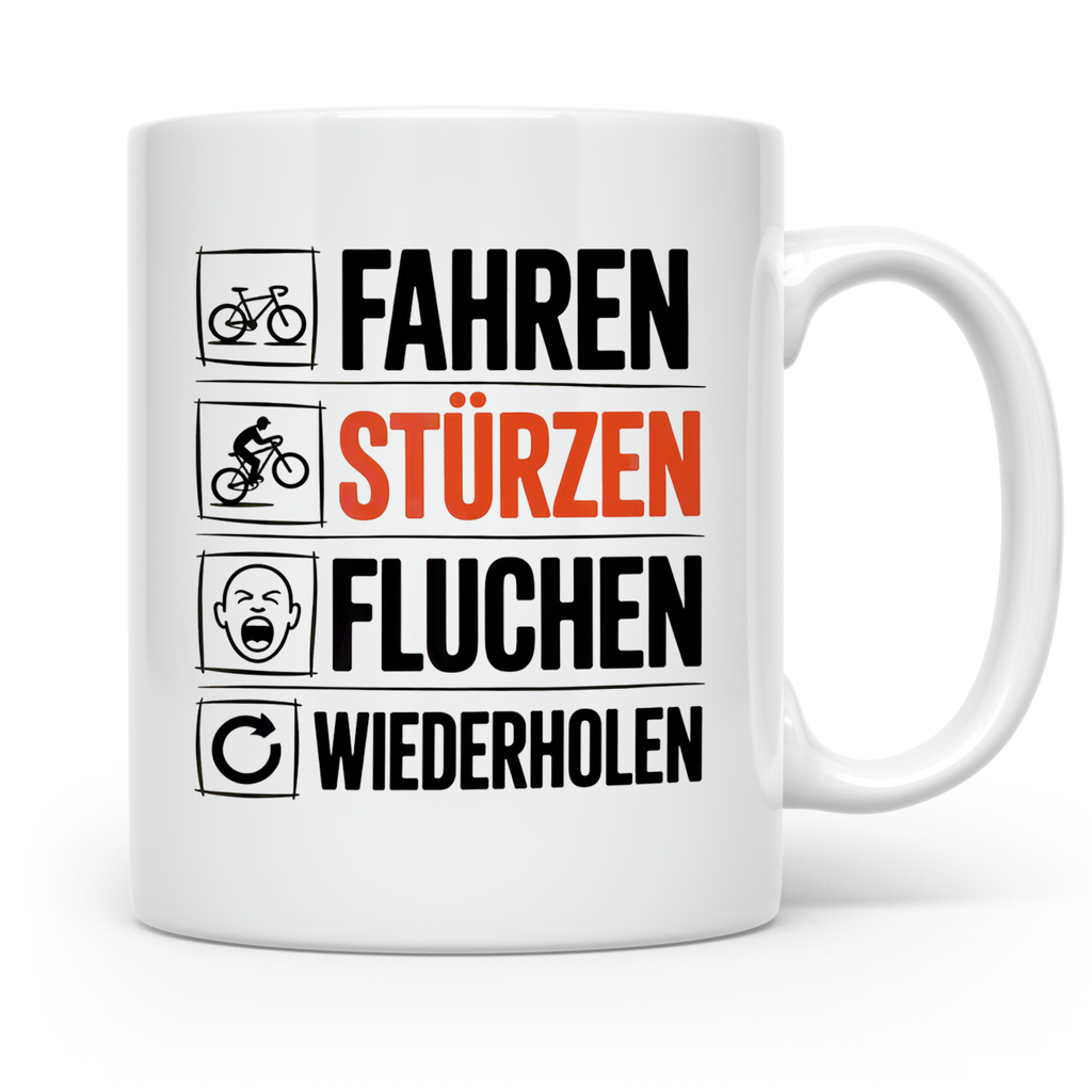Fahren Stürzen Fluchen Wiederholen Tasse - Lustige Geschenki – Weiß [farbe:weiß]