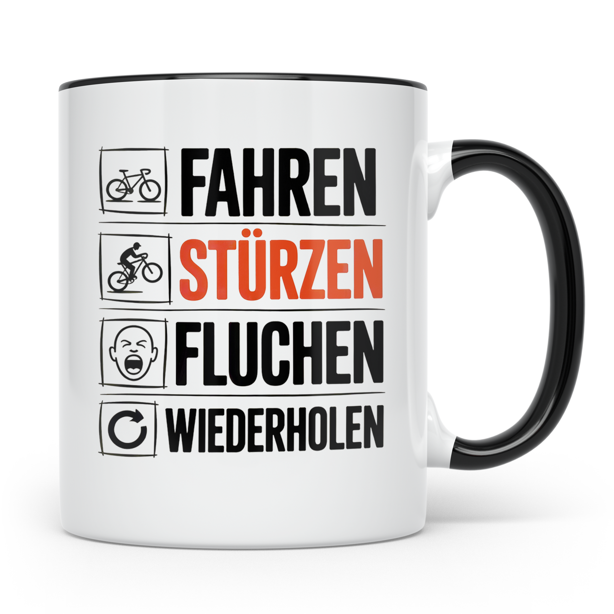 Fahren Stürzen Fluchen Wiederholen Tasse - Lustige Geschenki – Schwarz [farbe:schwarz]