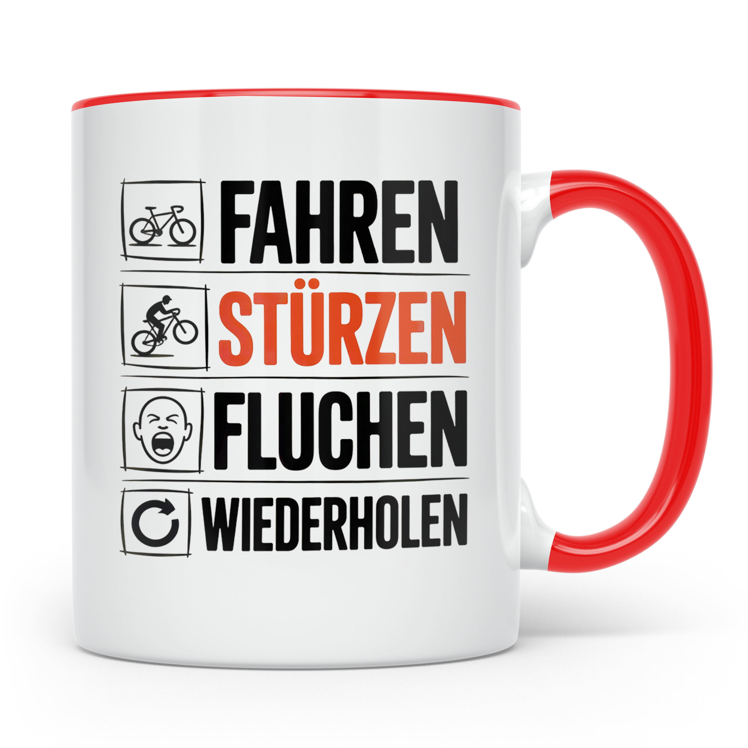 Fahren Stürzen Fluchen Wiederholen Tasse - Lustige Geschenki – Rot [farbe:rot]