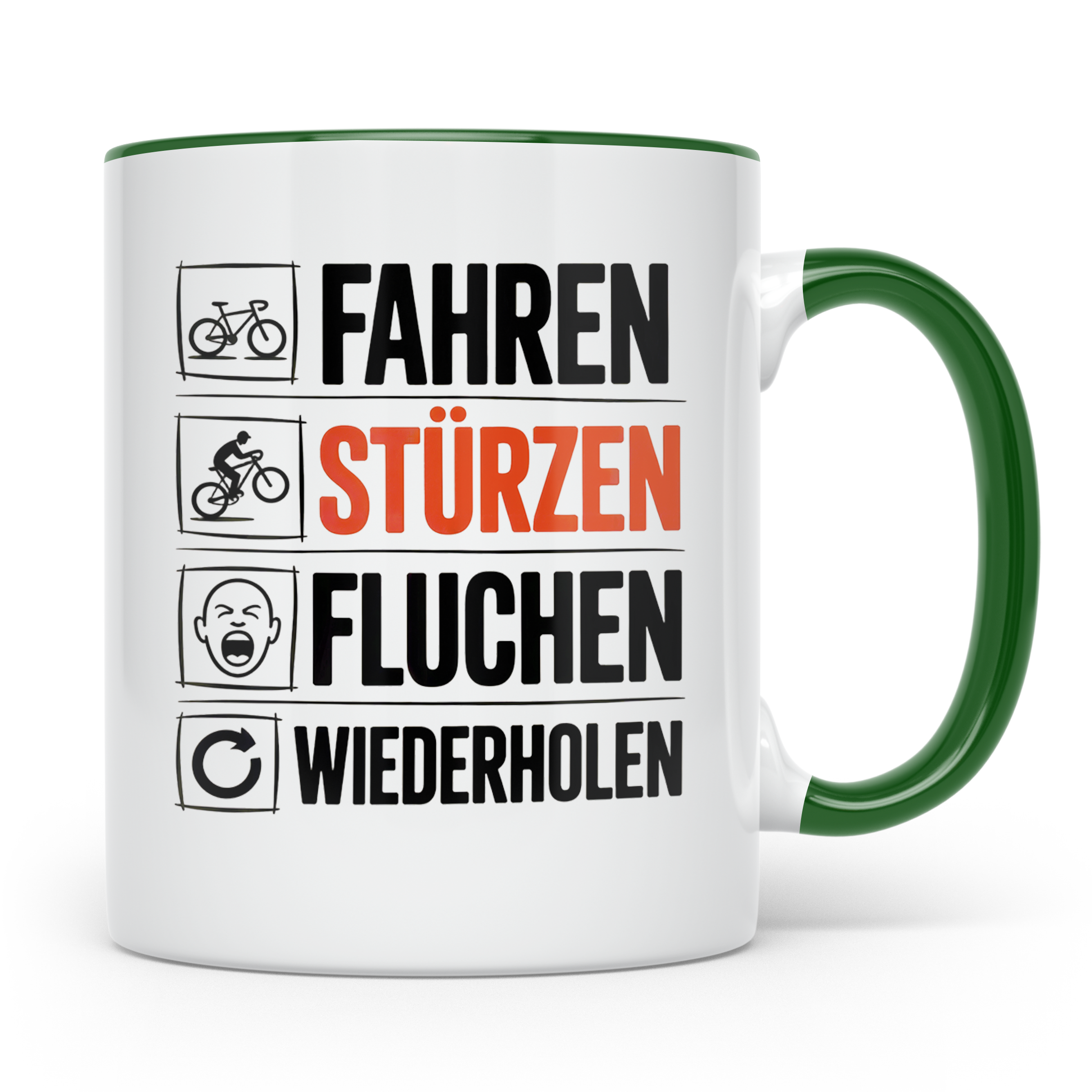 Fahren Stürzen Fluchen Wiederholen Tasse - Lustige Geschenki – Grün [farbe:grün]