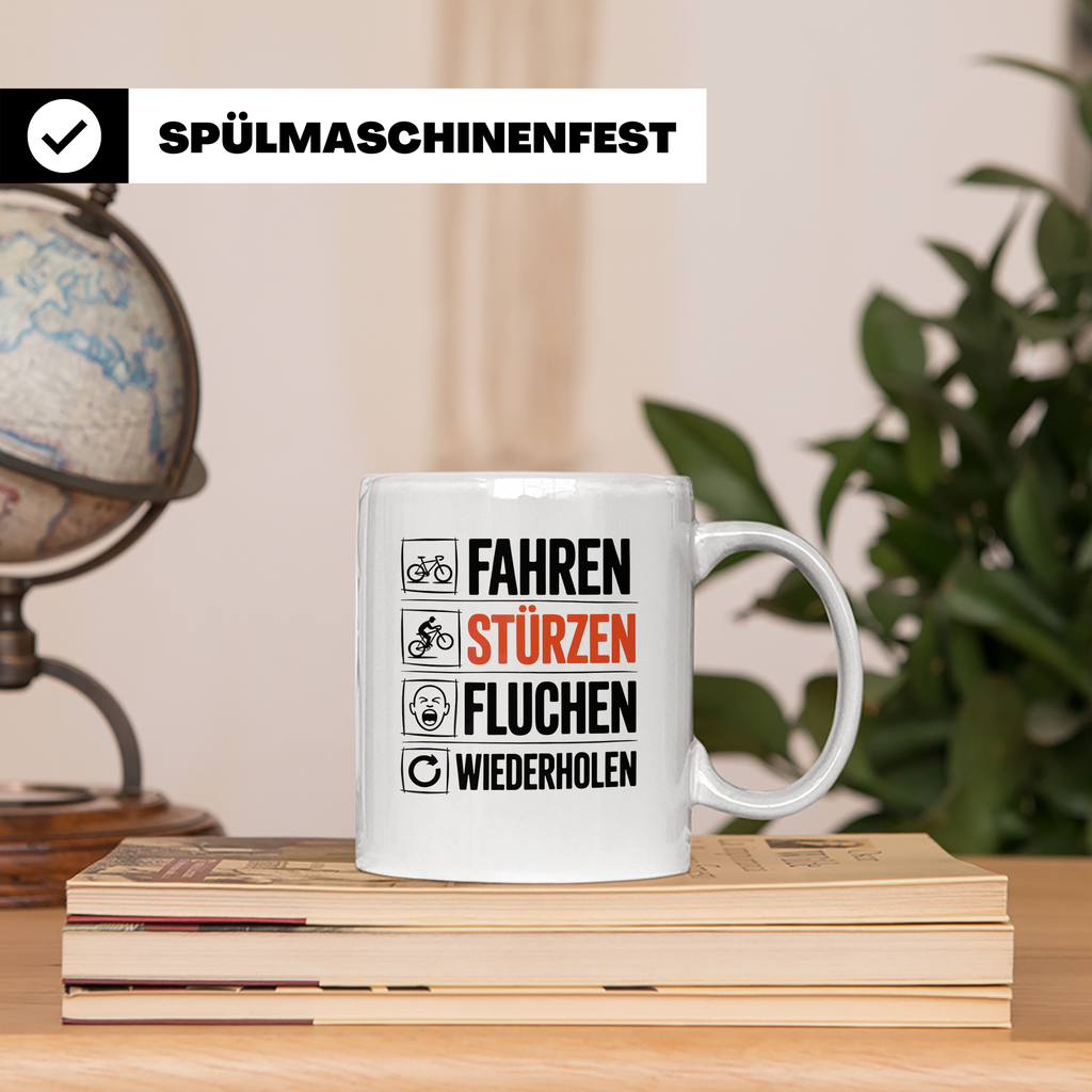 Fahren Stürzen Fluchen Wiederholen Tasse - Lustige Geschenki – Weiß [farbe:weiß]