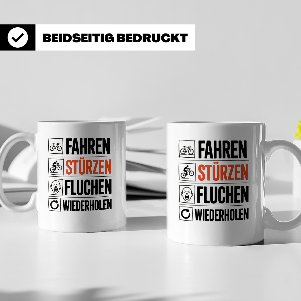 Fahren Stürzen Fluchen Wiederholen Tasse - Lustige Geschenki – Weiß [farbe:weiß]