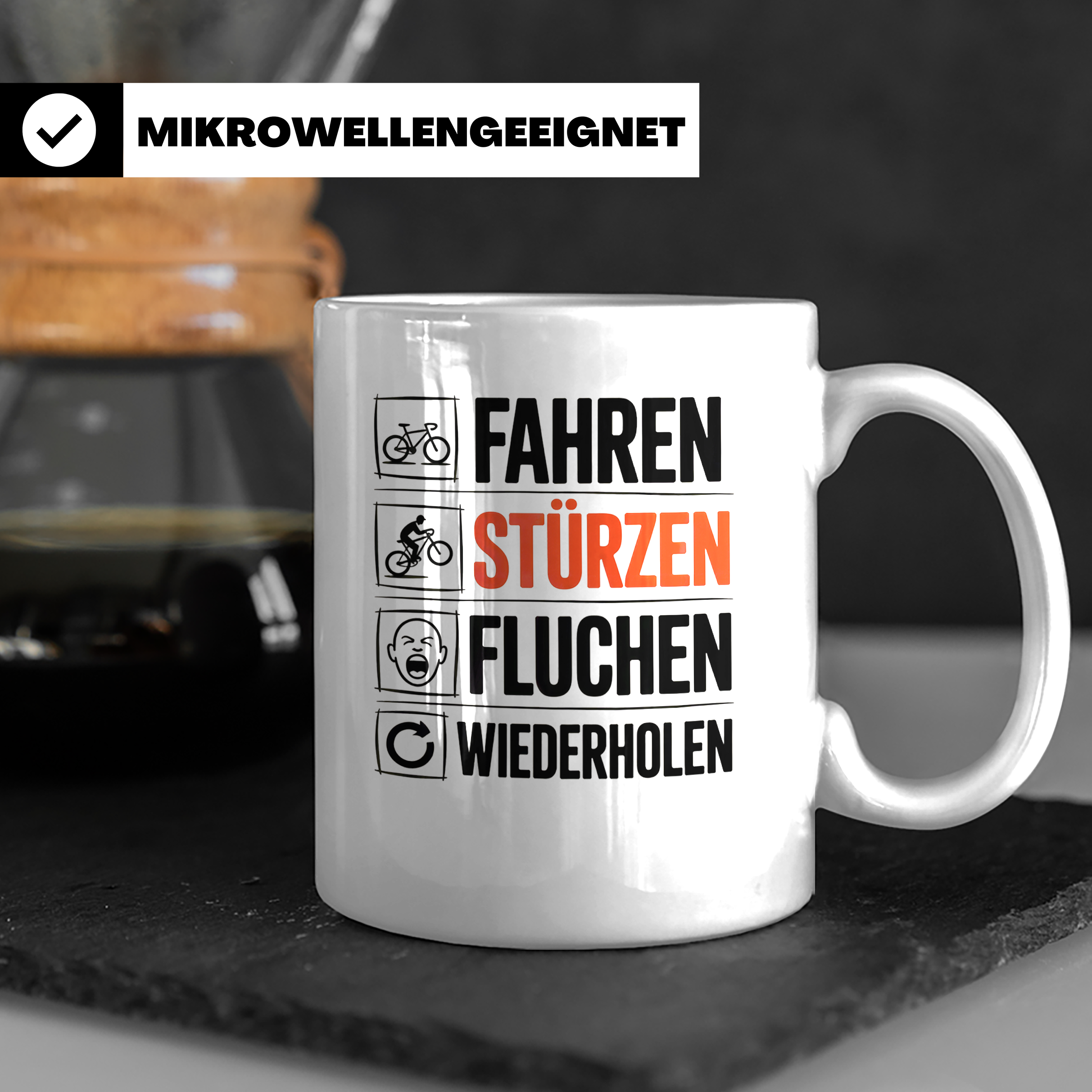 Fahren Stürzen Fluchen Wiederholen Tasse - Lustige Geschenki – Weiß [farbe:weiß]