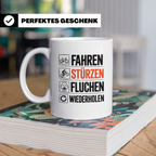 Fahren Stürzen Fluchen Wiederholen Tasse - Lustige Geschenki – Weiß [farbe:weiß]