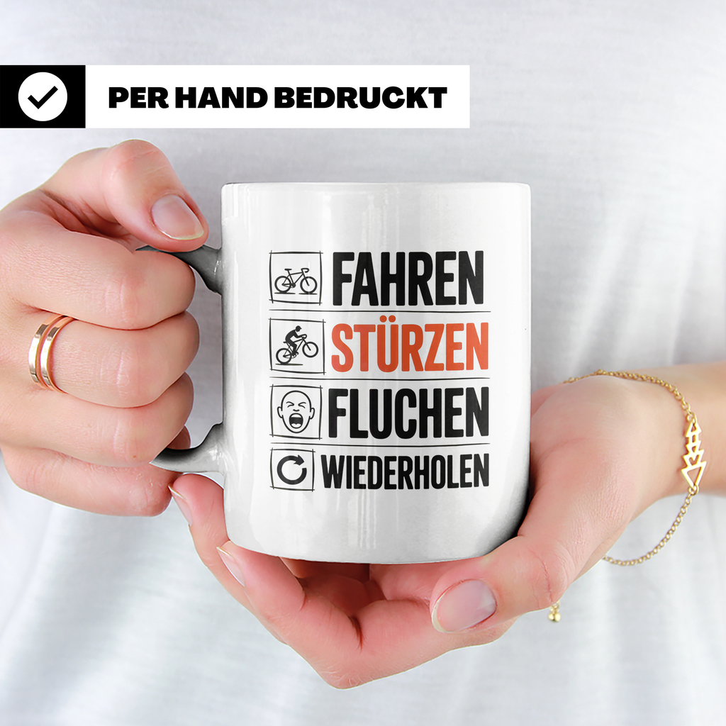 Fahren Stürzen Fluchen Wiederholen Tasse - Lustige Geschenki – Weiß [farbe:weiß]
