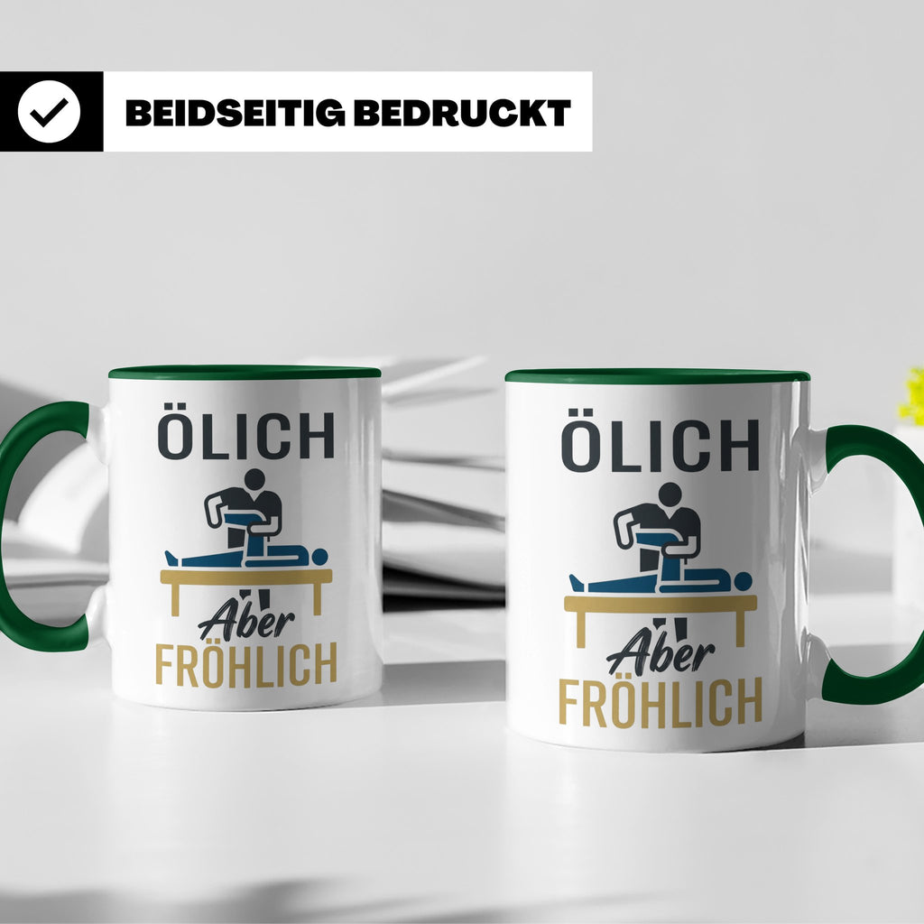 Physiotherapeut Tasse mit Spruch Ölich Aber Fröhlich, lustig – Grün [farbe:grün]