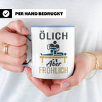 Physiotherapeut Tasse mit Spruch Ölich Aber Fröhlich, lustig – Blau [farbe:blau]