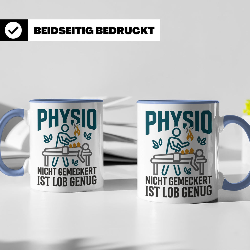 Physio Tasse mit Spruch 'Nicht gemeckert ist Lob genug' | Lu – Blau [farbe:blau]