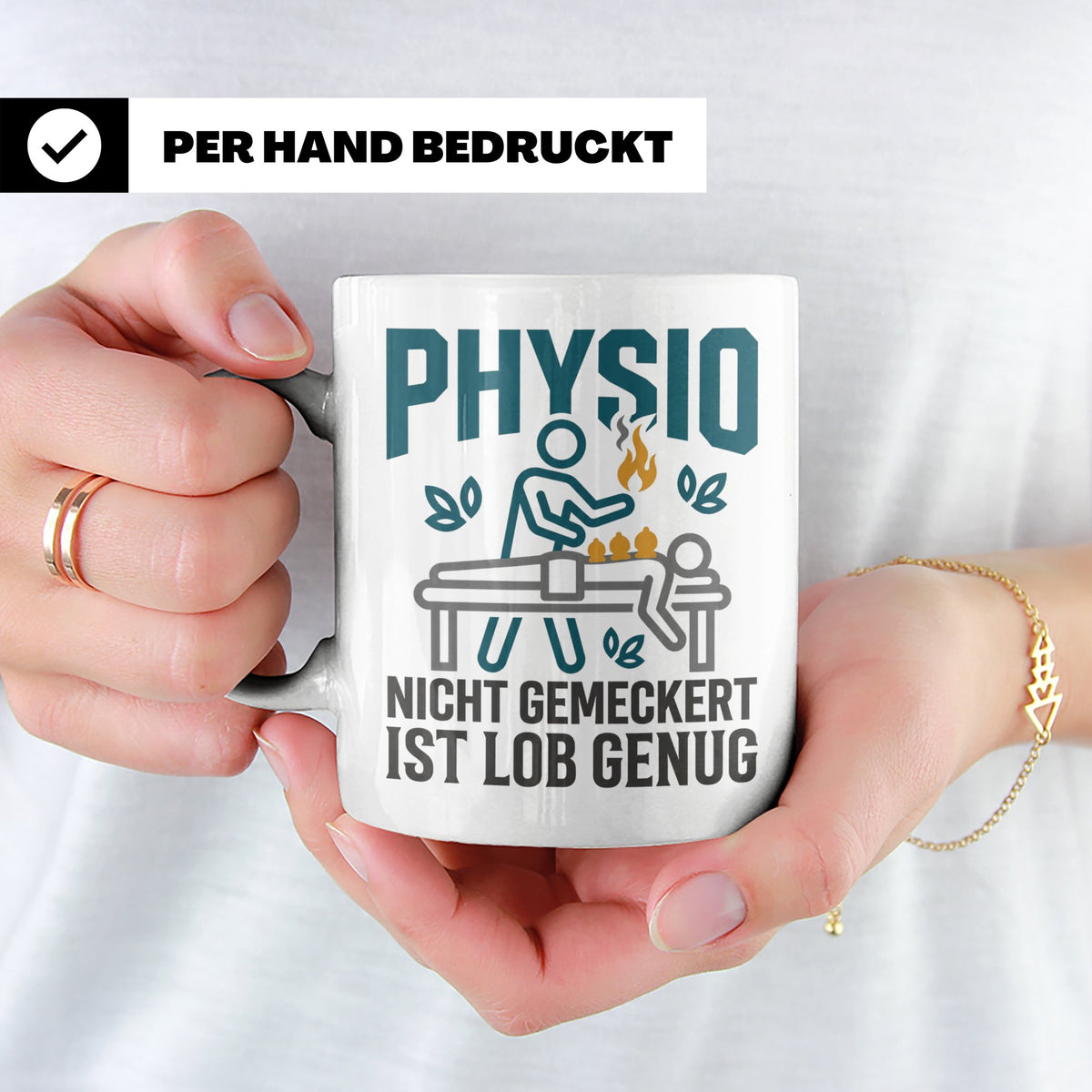 Physio Tasse mit Spruch 'Nicht gemeckert ist Lob genug' | Lu – Weiß [farbe:weiß]