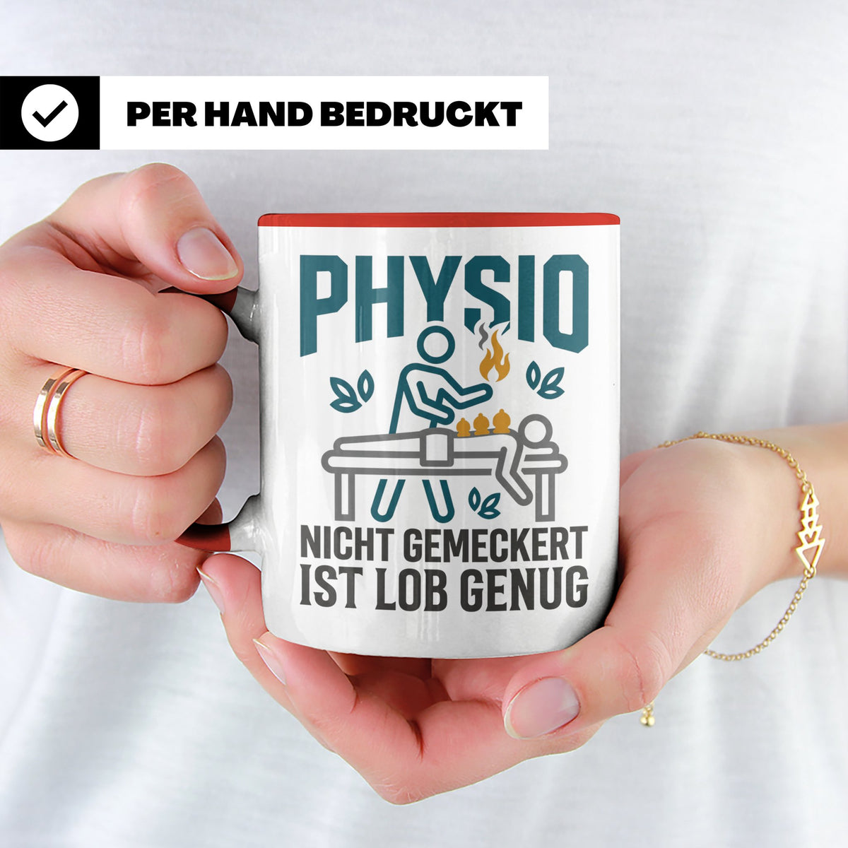 Physio Tasse mit Spruch 'Nicht gemeckert ist Lob genug' | Lu – Rot [farbe:rot]