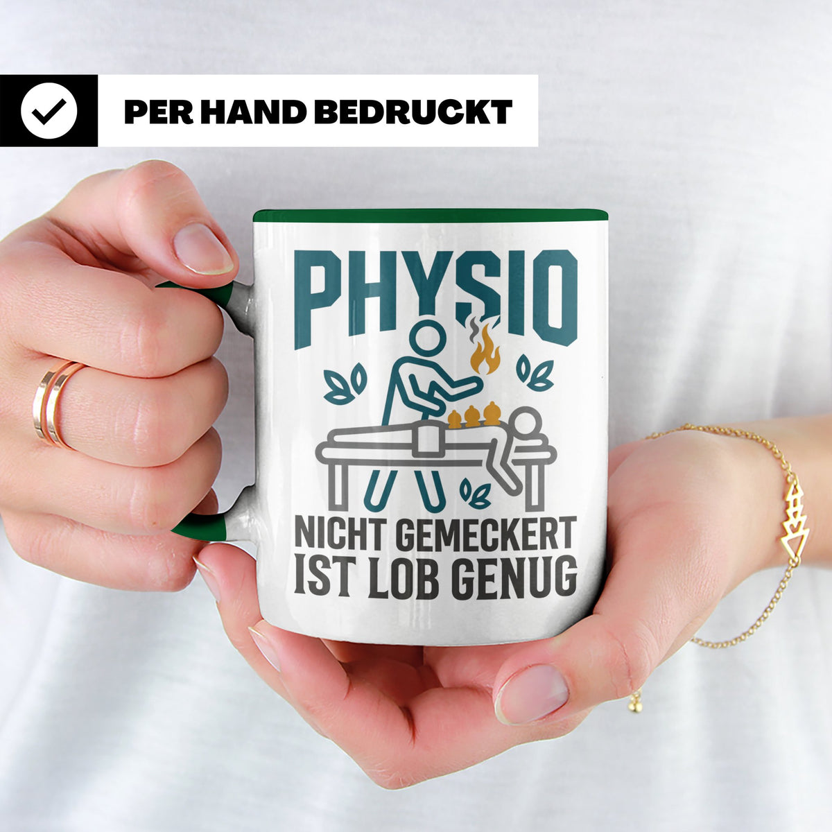 Physio Tasse mit Spruch 'Nicht gemeckert ist Lob genug' | Lu – Grün [farbe:grün]