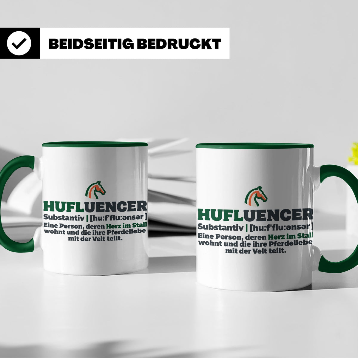 Hufluencer Tasse mit Spruch für Reiterin, Geschenk Pferdemäd – Grün [farbe:grün]