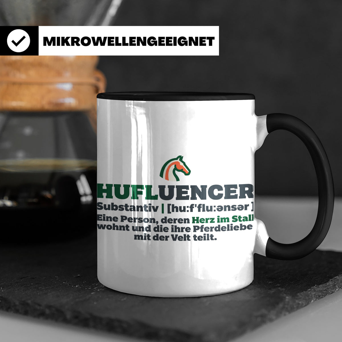 Hufluencer Tasse mit Spruch für Reiterin, Geschenk Pferdemäd – Schwarz [farbe:schwarz]