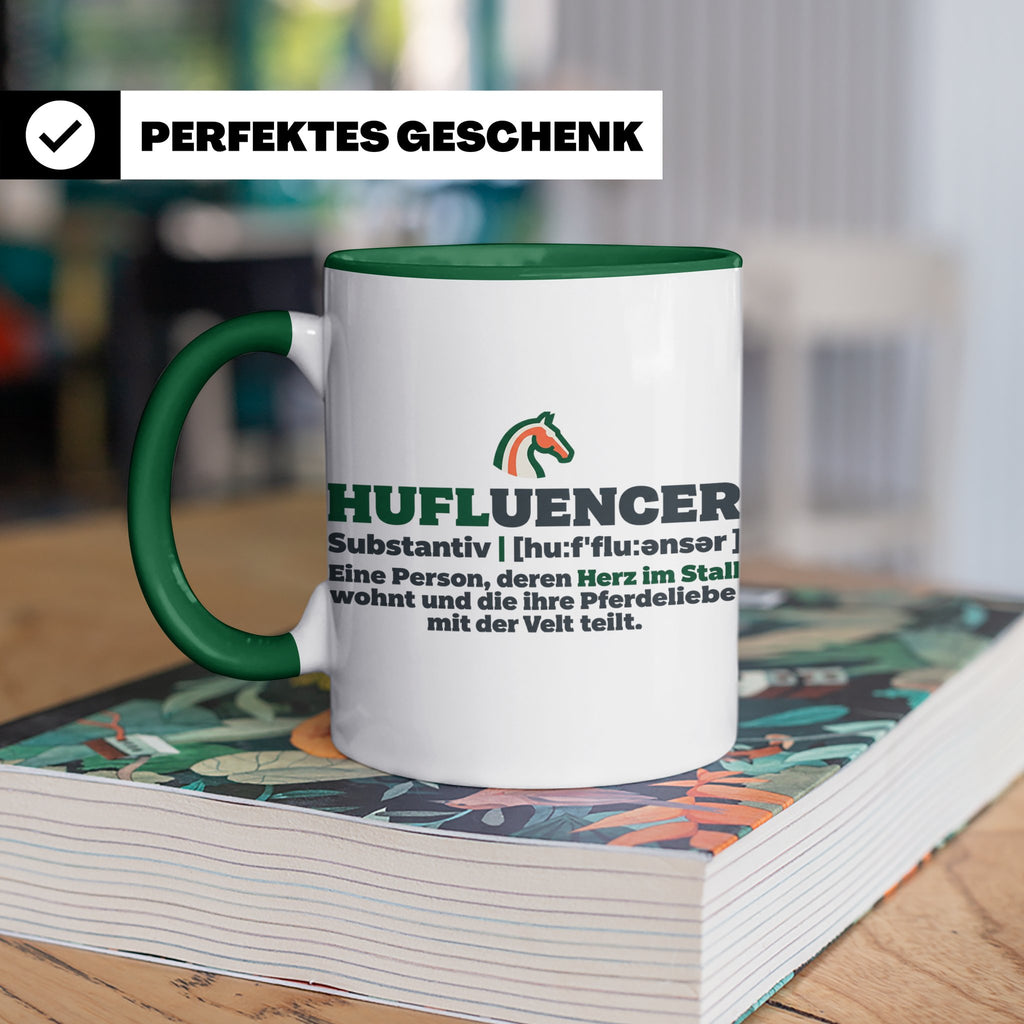 Hufluencer Tasse mit Spruch für Reiterin, Geschenk Pferdemäd – Grün [farbe:grün]