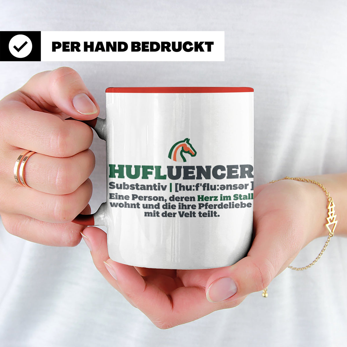Hufluencer Tasse mit Spruch für Reiterin, Geschenk Pferdemäd – Rot [farbe:rot]