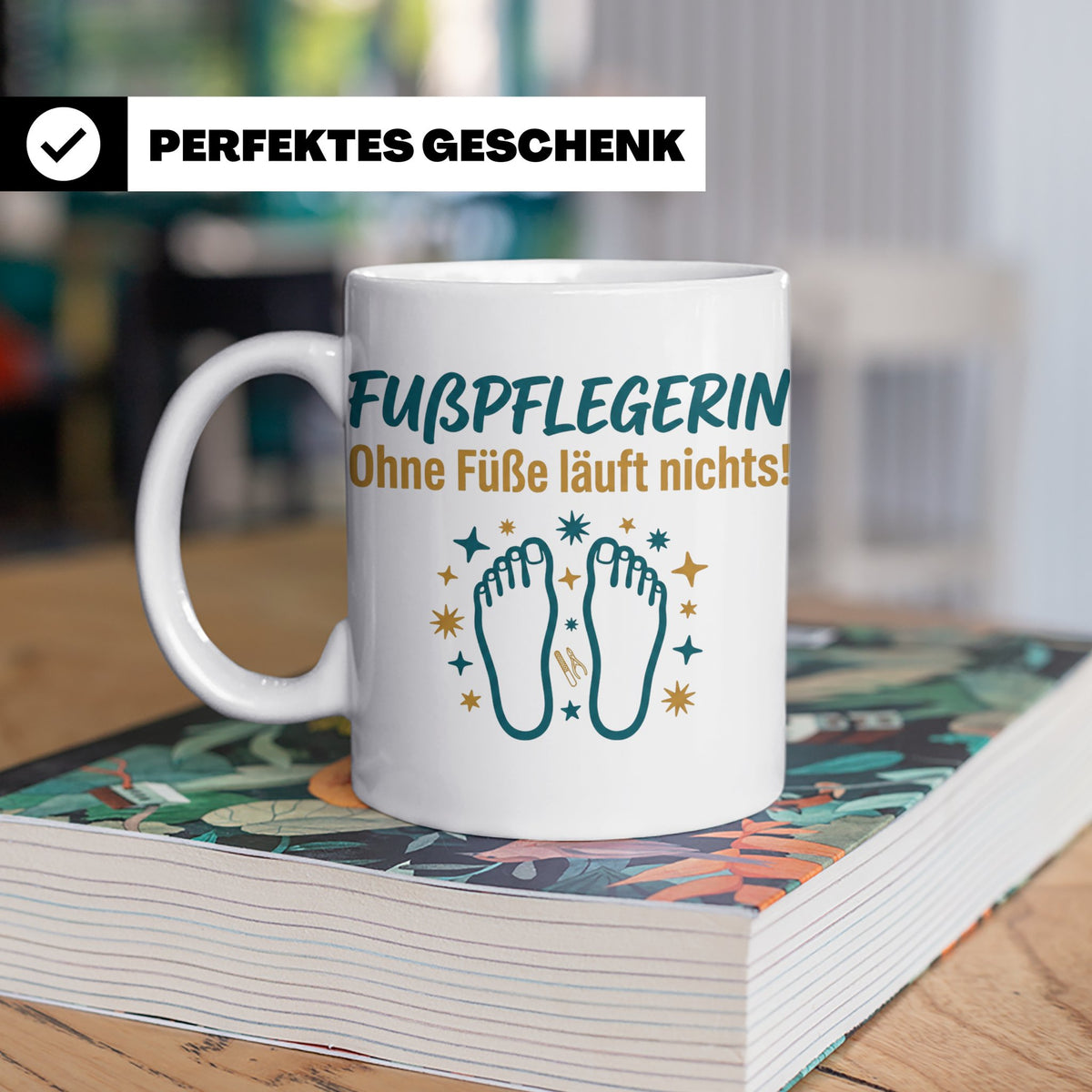 Fußpflegerin Tasse mit Spruch Ohne Füße läuft nichts Geschen – Weiß [farbe:weiß]