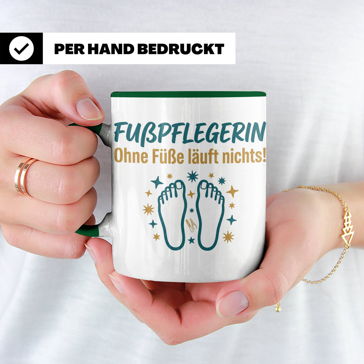 Fußpflegerin Tasse mit Spruch Ohne Füße läuft nichts Geschen – Grün [farbe:grün]
