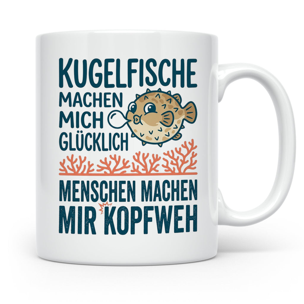 Kugelfisch Tasse mit Spruch Menschen Kopfweh. Lustiger Kaffe – Weiß [farbe:weiß]