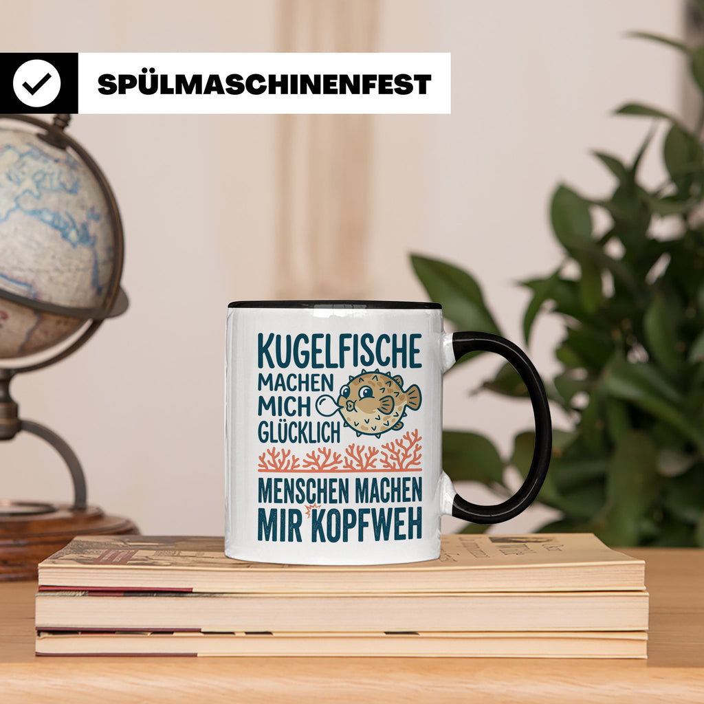 Kugelfisch Tasse mit Spruch Menschen Kopfweh. Lustiger Kaffe – Schwarz [farbe:schwarz]