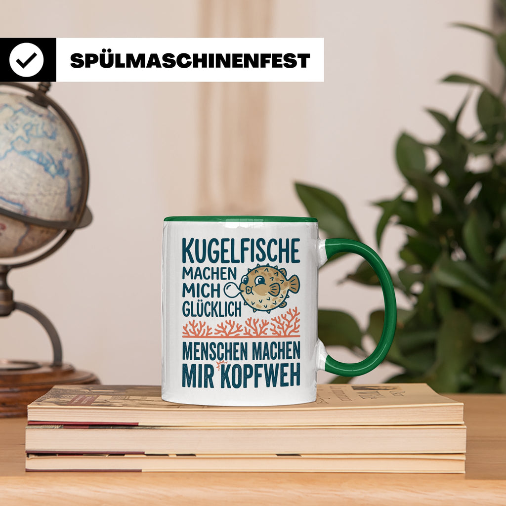 Kugelfisch Tasse mit Spruch Menschen Kopfweh. Lustiger Kaffe – Grün [farbe:grün]