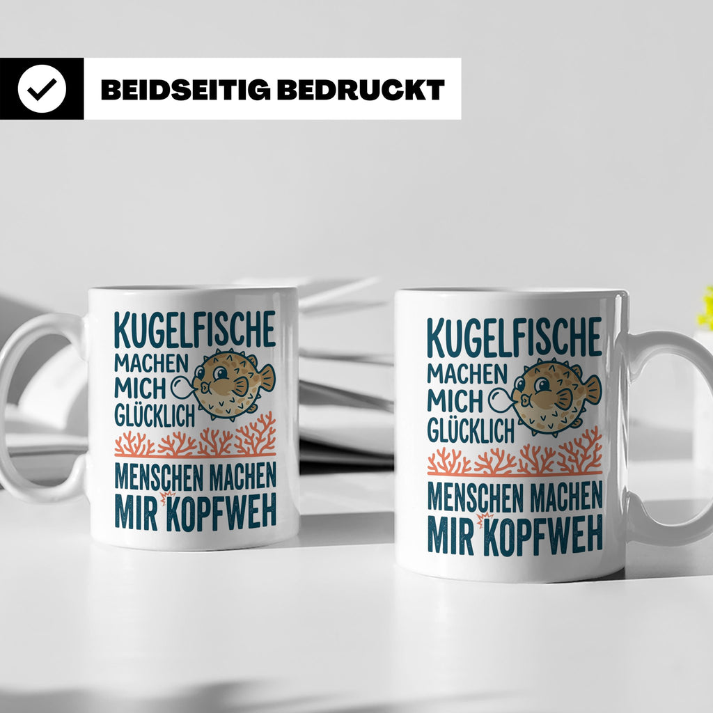 Kugelfisch Tasse mit Spruch Menschen Kopfweh. Lustiger Kaffe – Weiß [farbe:weiß]