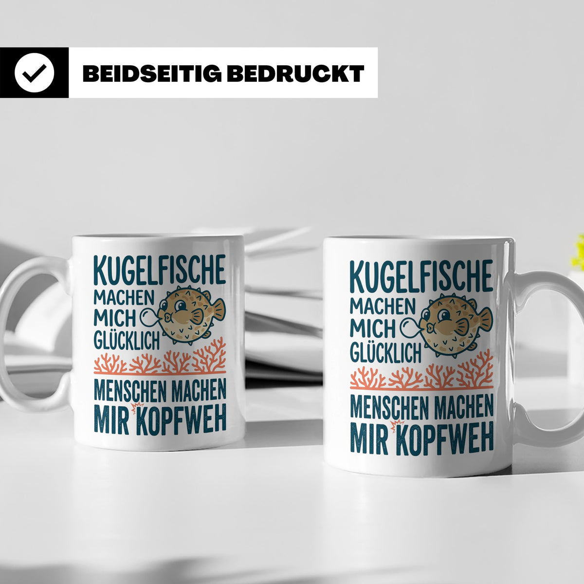 Kugelfisch Tasse mit Spruch Menschen Kopfweh. Lustiger Kaffe – Weiß [farbe:weiß]