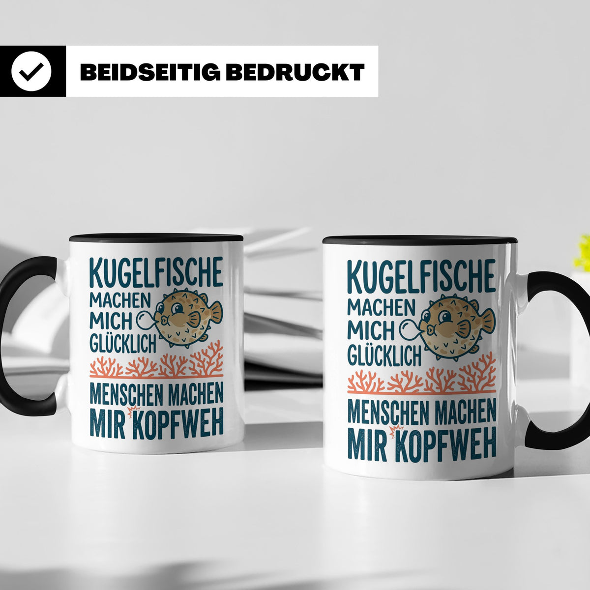 Kugelfisch Tasse mit Spruch Menschen Kopfweh. Lustiger Kaffe – Schwarz [farbe:schwarz]