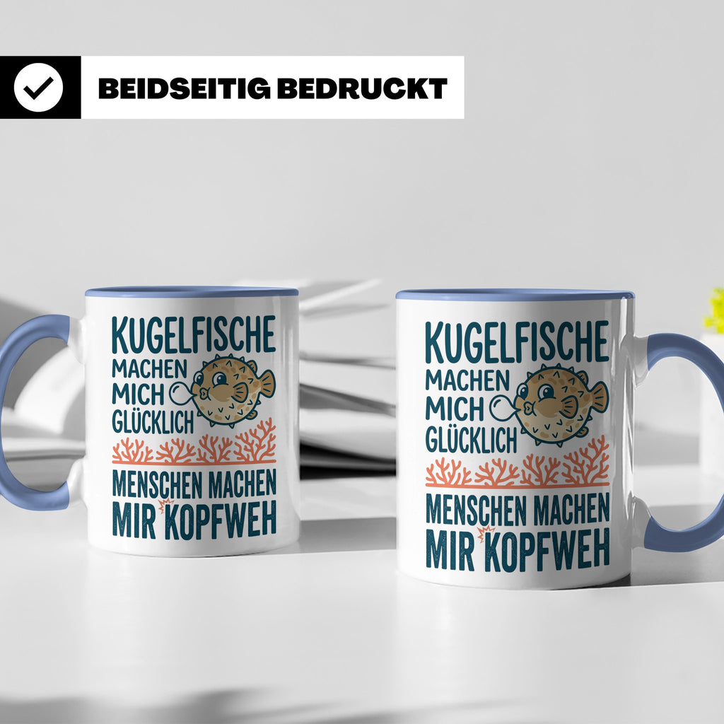Kugelfisch Tasse mit Spruch Menschen Kopfweh. Lustiger Kaffe – Blau [farbe:blau]