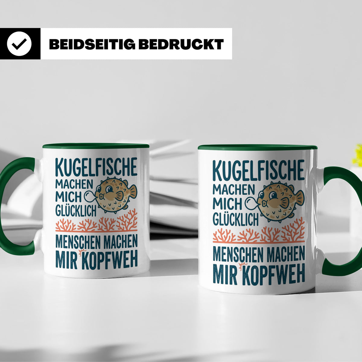 Kugelfisch Tasse mit Spruch Menschen Kopfweh. Lustiger Kaffe – Grün [farbe:grün]